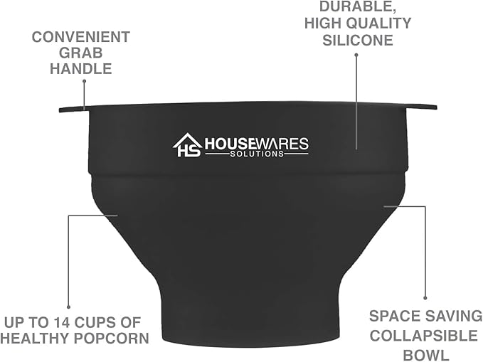 Collapsible Silicone Microwave Hot Air Popcorn Popper Bowl With Lid and Handles (Black)