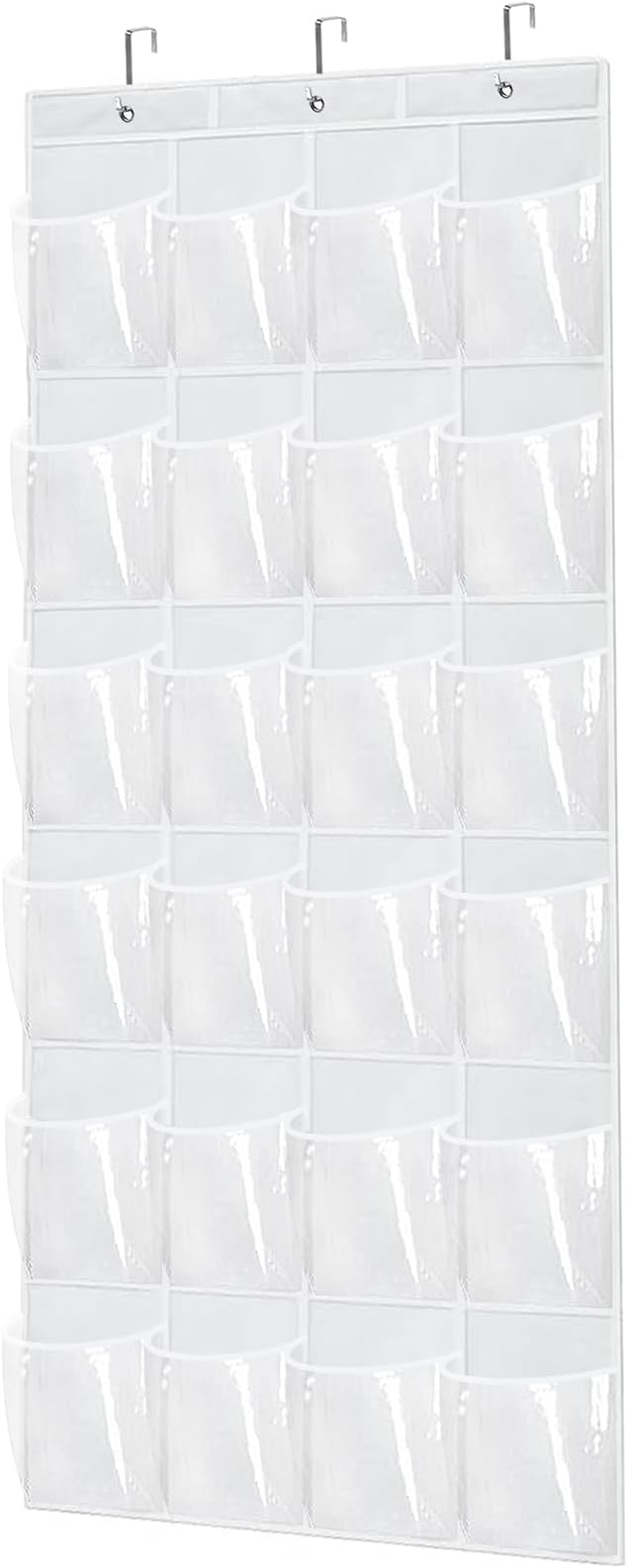 Over The Door Shoe Organizer with 24 Clear Pockets and Metal Hooks – Heavy Duty Hanging Shoe Storage Rack for Closet, Bathroom, Dorm – Space Saving Organizer for Shoes, Accessories, Toys (White)