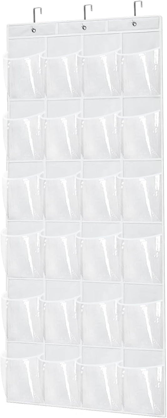 Over The Door Shoe Organizer with 24 Clear Pockets and Metal Hooks – Heavy Duty Hanging Shoe Storage Rack for Closet, Bathroom, Dorm – Space Saving Organizer for Shoes, Accessories, Toys (White)
