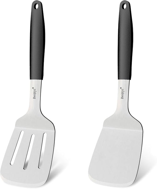 Beijiyi Stainless Steel Spatula Set, 2 Pcs Small Metal Spatula for Cast Iron Skillet, Solid and Slotted Turner Spatulas for Kitchen Use with Silicone Handle, Cooking Utensils for Eggs, Burger, Steak