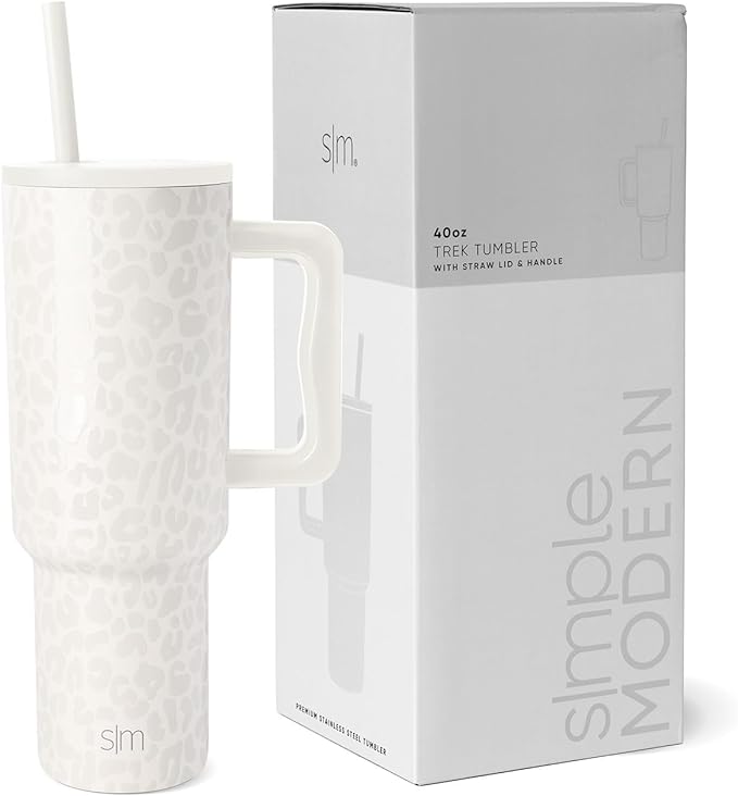Simple Modern 40 oz Trek Tumbler with Handle and Straw Lid | Cup Holder Friendly Insulated Stainless Steel Travel Mug | Cream Leopard (Pack of 12)