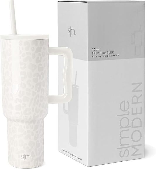 Simple Modern 40 oz Trek Tumbler with Handle and Straw Lid | Cup Holder Friendly Insulated Stainless Steel Travel Mug | Cream Leopard