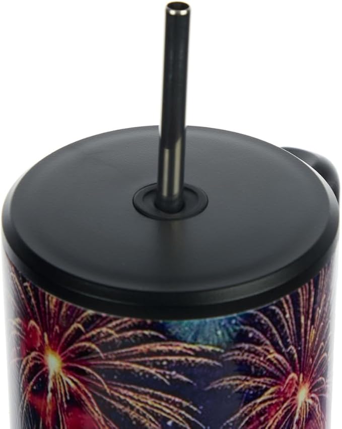 Bioworld Americana 40 Oz. Vacuum Insulated Stainless Steel Tumbler with Leak-Proof Lid & Handle, Patriotic Fireworks & American Flag Design for 4th of July or Everyday Travel