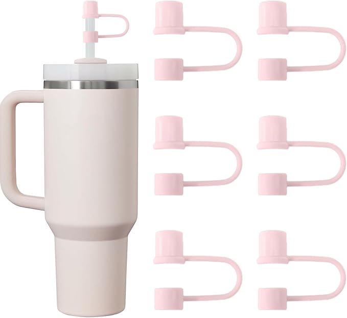 6PCS Silicone Straw Covers Cap Compatible with Stanley Cup 30-40 oz Tumbler with Handle 10mm Straw Toppers Reusable Straw Cover for Stanley Cup Accessories （Light Pink）