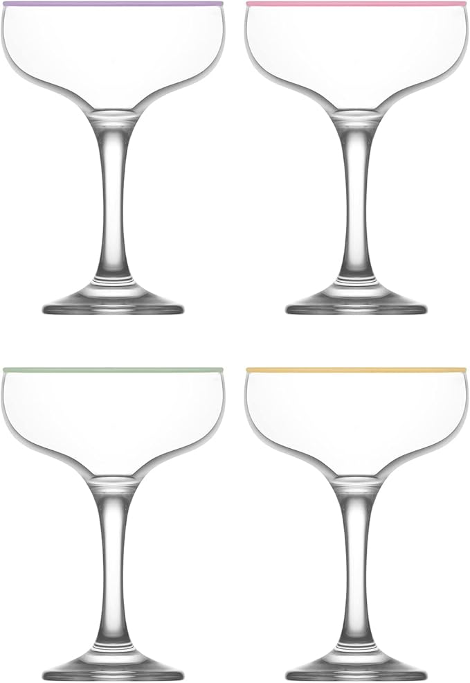 LAV Lead-Free Colorful Coupe Cocktail Glasses 8 oz Champagne Glass with Colored, Cleared Rims - Manhattan, Martini Glasses, Cocktails, Barware, Home, Restaurant, Birthday, Wedding Parties | Set of 4