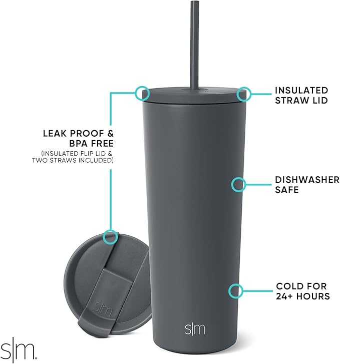 Simple Modern Insulated Tumbler with Lid and Straw | Iced Coffee Cup Reusable Stainless Steel Water Bottle Travel Mug | Gifts for Women Men Her Him | Classic Collection | 24oz | Graphite
