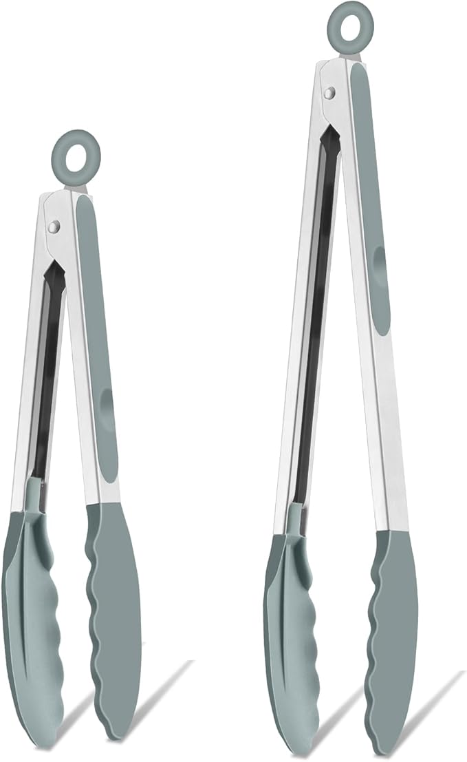 TeamFar Kitchen Tongs, 9" and 12" Stainless Steel Cooking Tongs with Silicone Tips for Cooking Grilling Serving & BBQ, Heat Resistant Silicone Tongs, Locking Design & Dishwasher Safe, Set of 2 & Grey