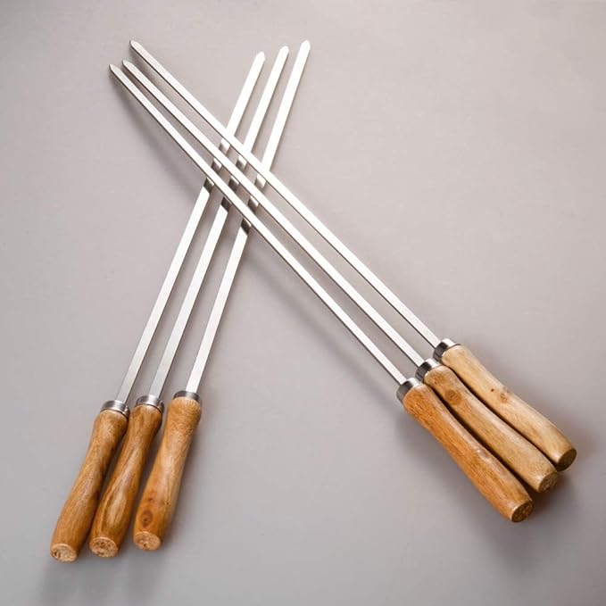 IMEEA Flat Skewers for Kabobs Stainless Steel Kebab Skewers for Grilling 16.5 Inch Barbecue Skewers with Nonslip Wooden Handle, Set of 6