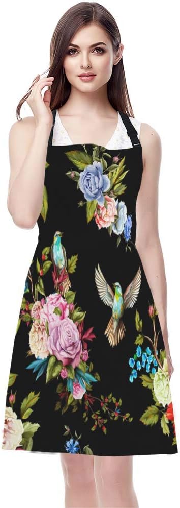 EKOBLA Flower Aprons Wild Flowers Peony Roses Lily Nightingale Cornflower Black Background Waterproof Resistant Chef Cooking Kitchen BBQ Adjustable Aprons for Women Men 27x31 Inch