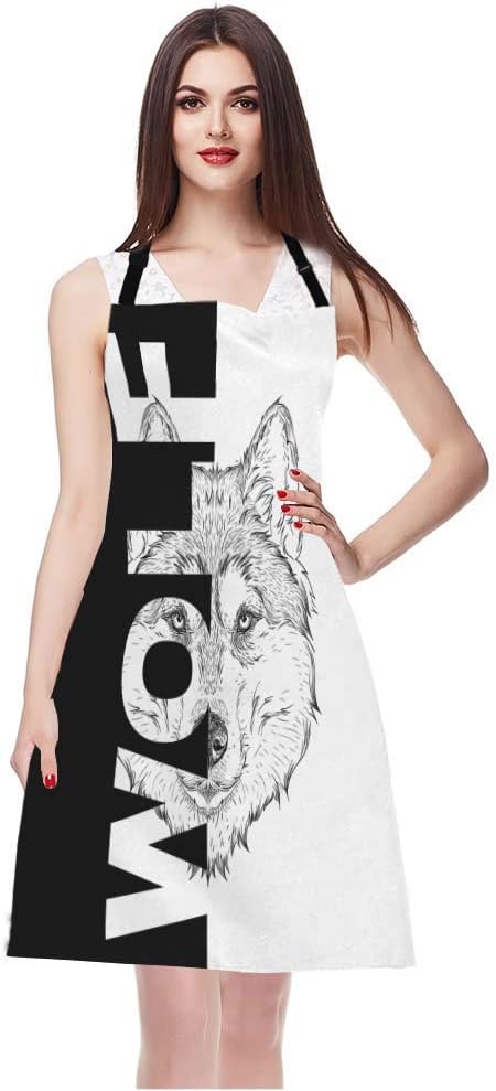 EKOBLA Wolf Aprons Hand Drawn Portrait Tattoo Animal Cool Creative Sketch Art Waterproof Resistant Chef Cooking Kitchen BBQ Adjustable Aprons for Women Men 27x31 Inch