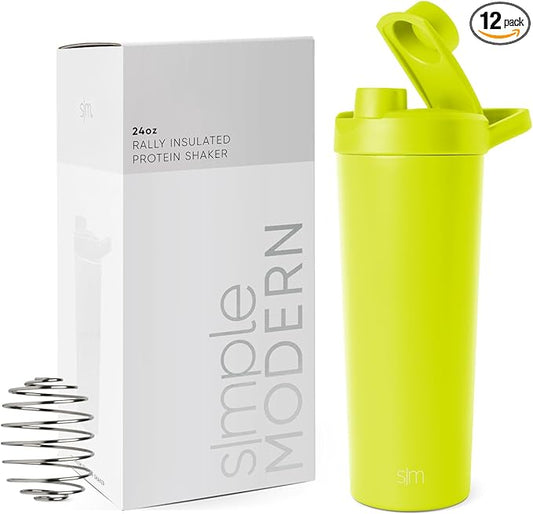 Simple Modern Stainless Steel Shaker Bottle with Ball 24oz, Metal Insulated Cup for Protein Mixes, Shakes and Pre Workout, Rally Collection, Chartreuse (Pack of 12)
