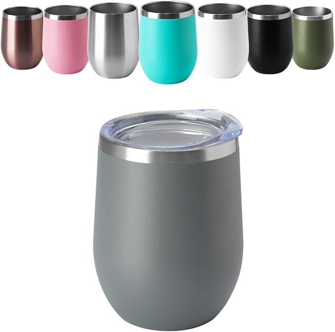 HASLE OUTFITTERS 12oz Wine Tumbler with Lid Stemless Wine Glasses Double Wall Vacuum Travel Mugs stainless steel Coffee Cup for Cold & Hot Drinks Wine Coffee Cocktails Beer 6 Pack Grey