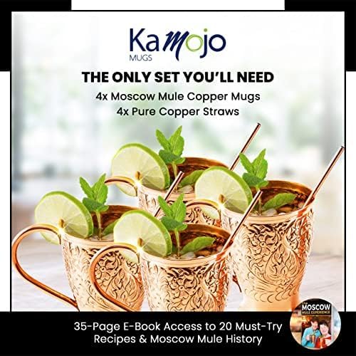 Moscow Mule Copper Mugs Set of 4 with Unique Handcrafted Embossed Design with Anti-Tarnish Food-Grade Coating - Copper Cups Gift Set with 4 Straws & Recipe E-Book, 16 oz