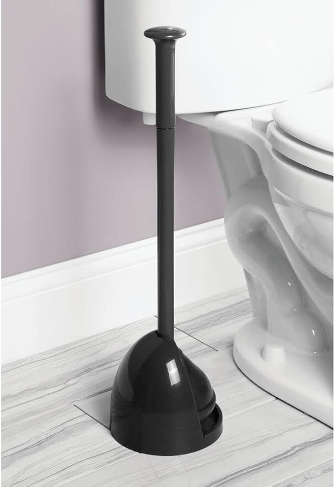 mDesign Plastic Freestanding Hideaway Toilet Bowl Plunger with Holder Set - Plunger for Bathroom Storage and Cleaning Organization - Heavy Duty, Space Saving - Aura Collection - Black