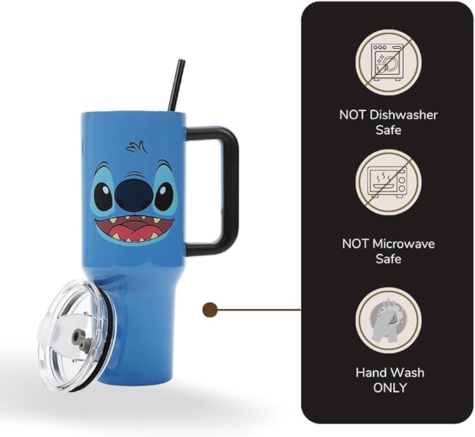 Bioworld Disney Stitch Face 40 Oz Blue Stainless Steel Tumbler with Handle