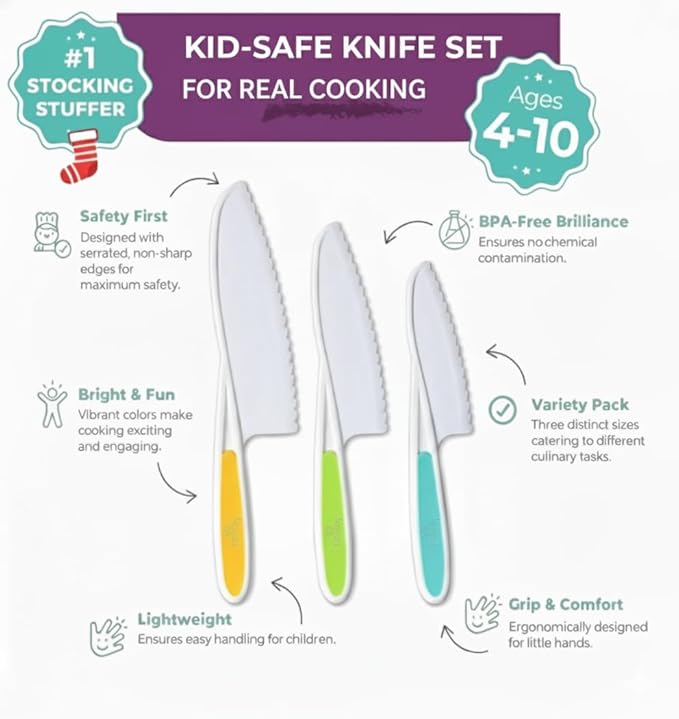 Tovla Jr. Kid Safe Knife Set for Real Cooking | 3-Piece Toddler Kitchen Knives | Montessori & STEM Cooking Tools Ages 4–12 | BPA-Free, Dishwasher-Safe | Christmas, Birthday & Stocking Stuffer Gift