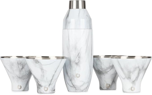 Snowfox Premium Vacuum Insulated Stainless Steel 22oz Cocktail Shaker and 4 Martini Glass Set, Home Bar Accessories, Elegant Drink Mixer, Leak Proof Lid & Built In Strainer, Gift Box, Marble