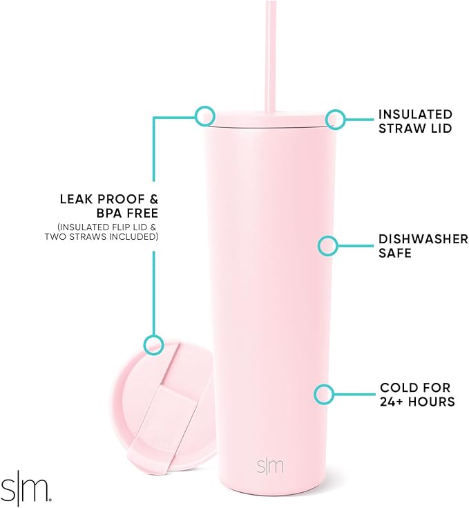 Simple Modern Insulated Tumbler with Lid and Straw | Iced Coffee Cup Reusable Stainless Steel Water Bottle Travel Mug | Gifts for Women Men Her Him | Classic Collection | 28oz | Blush