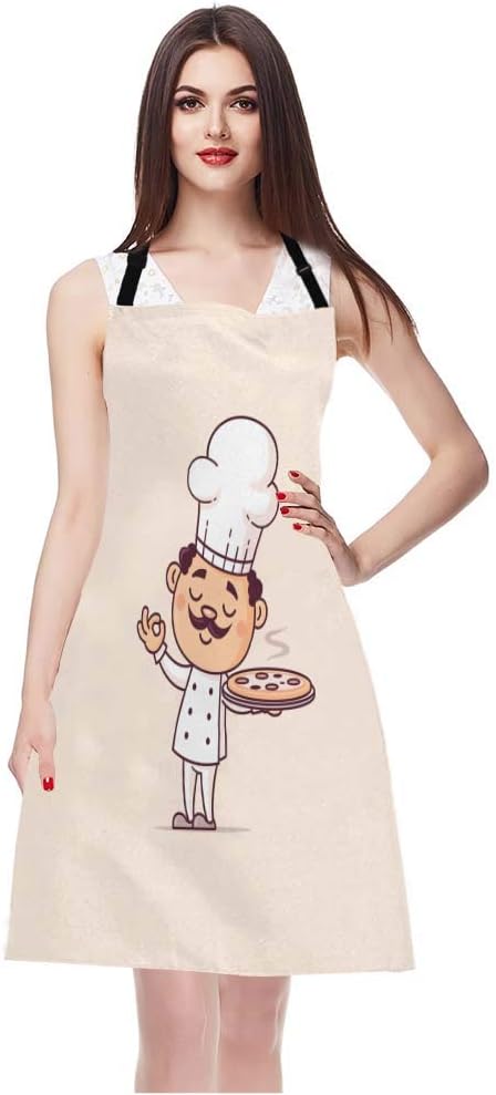 EKOBLA Chef Aprons Hot Pizza Cook Cuisine Cute Fast Food Hat Italian Man Moustache Waterproof Resistant Chef Cooking Kitchen BBQ Adjustable Aprons for Women Men 27x31 Inch