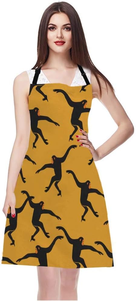 EKOBLA Black Gibbon Monkey Aprons Animal Print The Silhouette Of Funny Animal Jungle Ape Waterproof Resistant Chef Cooking Kitchen BBQ Adjustable Aprons for Women Men 27x31 Inch