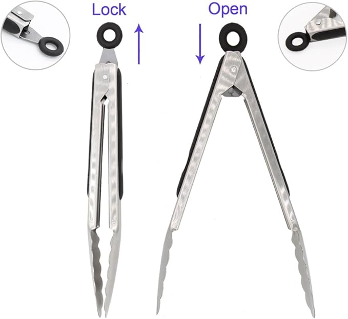 304 Stainless Steel Kitchen Cooking Tongs, 14" and 16" Set of 2 Sturdy Grilling Barbeque Brushed Locking Food Tongs with Ergonomic Grip, Black