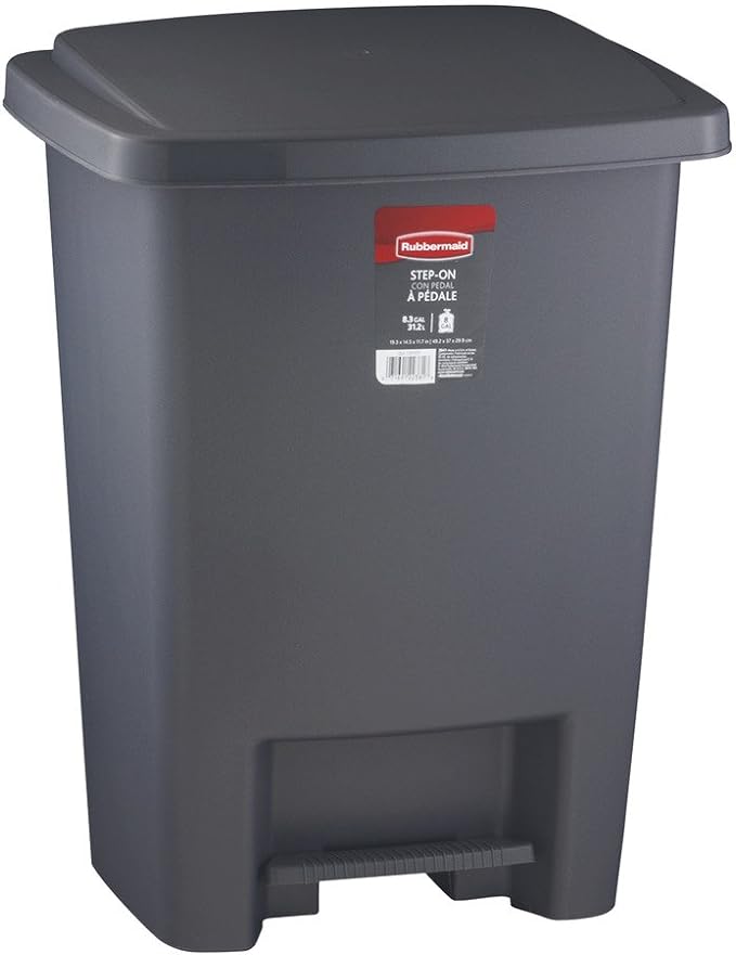 Rubbermaid Step-On Trash Can with Lid, 8.25-Gallon, Gray, Easy Clean Wastebasket for Home/Kitchen/Bedroom/Office