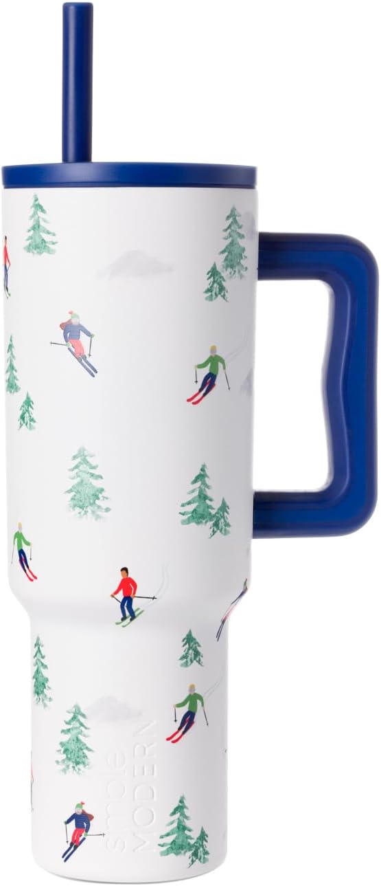 Simple Modern 40 oz Tumbler with Handle and Straw Lid | Leak-Proof Insulated Stainless Steel Water Bottle Travel Mug Cupholder Use | Gifts for Women Men Him Her | Trek Signature | Downhill Skiing