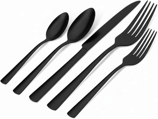Black Silverware Set, 20-Piece Flatware Set Service for 4, Durable Stainless Steel, Mirror Polished Tableware Eating Cutlery Set, Kitchen Utensils Set with Steak Knives, Dishwasher Safe