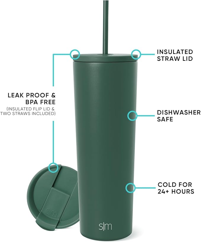 Simple Modern Insulated Tumbler with Lid and Straw | Iced Coffee Cup Reusable Stainless Steel Water Bottle Travel Mug | Gifts for Women Men Her Him | Classic Collection | 28oz | Forest