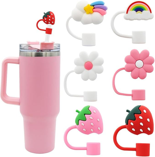 Flower Straw Cover Cap for Stanley Cup Silicone Straw Topper Compatible with 30 and 40 Oz Tumbler with Handle,Straw Tip Covers 10 mm 0.4 in for Straw Tip Covers (6pcs Rainbow Flower Strawberry)