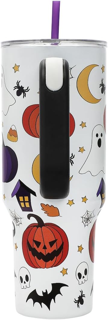 Bioworld Halloween Scary Icons 40 Oz Vacuum Insulated White Stainless Steel Tumbler with Handle & Leak-Proof Lid, Double-Wall Design for Hot or Cold Drinks