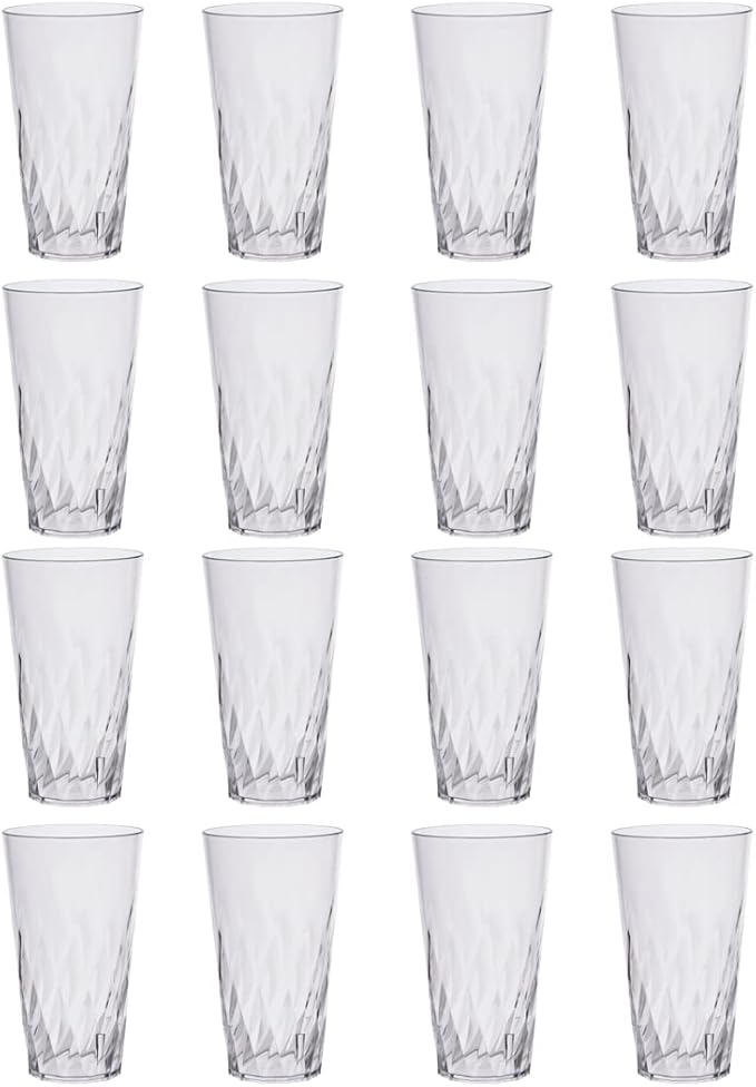 US Acrylic Palmetto [Set of 16] 20 ounce Plastic Stackable Water Tumblers in Clear, Lightweight Value Set of Drinking Cups, Reusable, BPA-free, Made in the USA, Top-rack Dishwasher Safe