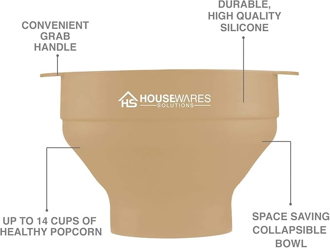 Collapsible Silicone Microwave Hot Air Popcorn Popper Bowl With Lid and Handles (Tan)