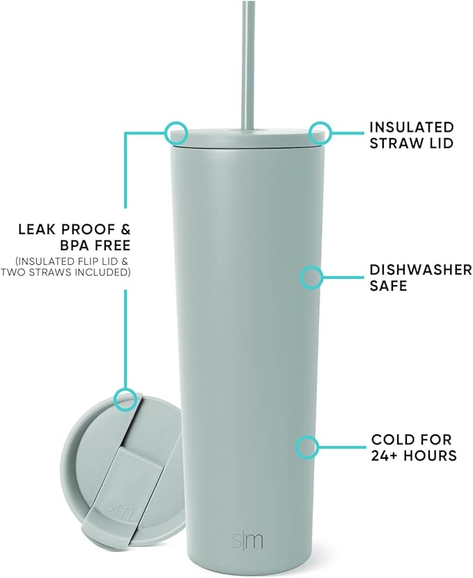 Simple Modern Insulated Tumbler with Lid and Straw | Iced Coffee Cup Reusable Stainless Steel Water Bottle Travel Mug | Gifts for Women Men Her Him | Classic Collection | 28oz | Sea Glass Sage