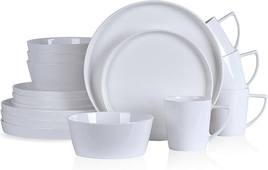 Stone Lain Madeline Bone China 16 Piece Dinnerware, Plates and Bowls Sets for 4, White Dish Collection with Mugs, Modern Edge, Microwave & Dishwasher Safe