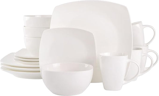 Gibson Soho Lounge Square Porcelain Chip and Scratch Resistant Dinnerware Set, Service for 4 (16pc), White