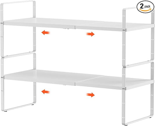2Pack 16.5-27’’L Expandable Kitchen Shelf Organizer, Stackable Shelves Organizer, Adjustable Height Pantry Spice Rack for Cabinet, Countertop, Pantry and Cupboard, White