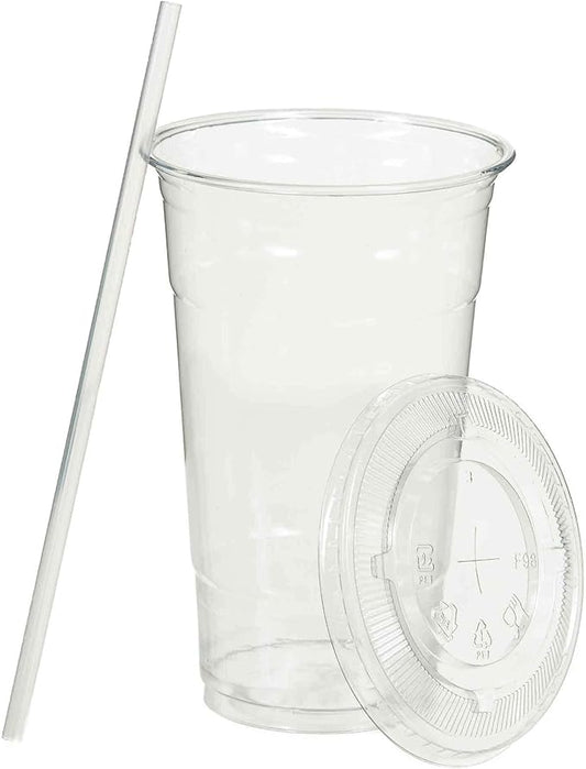 SafeWare Disposable 20oz Clear Plastic Cups with Flat Lids and Straws 400 Sets (4 box of 100)