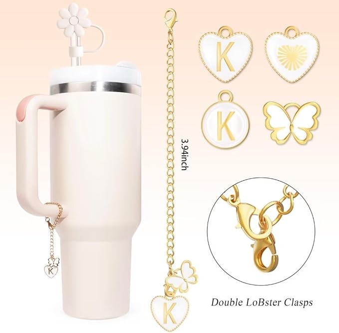 Compatible with Stanley Cup Accessories, 2PCS Butterfly Letter Charms with 4PCS 10mm Stanley Straw Cover Cap for Stanley Cup 30&40 Oz, Silicone Stanley Straw Toppers for Stanley Tumbler(I)
