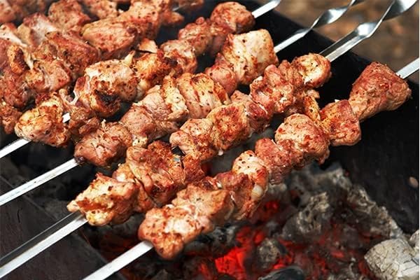 IMEEA Flat Skewers for Kabobs Stainless Steel Kebab Skewers for Grilling 16.5 Inch Barbecue Skewers with Nonslip Wooden Handle, Set of 6