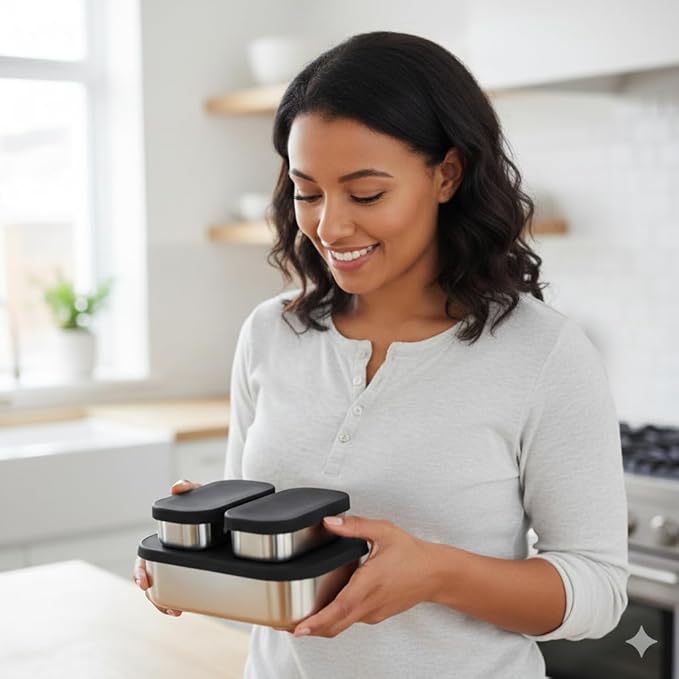 Flexibento - Leak proof Stainless Steel Lunch Box | Lunch Containers with Lids | Steel Bento Box | Meal prep| Snack Containers |Metal lunch Box (Midnight -3PC set (1 * 27 oz + 2 * 6.5oz))