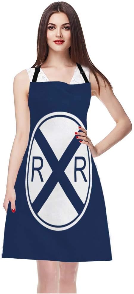 EKOBLA Traffic Sign Aprons Train Railroad Crossing Dark Blue White Waterproof Resistant Chef Cooking Kitchen BBQ Adjustable Aprons for Women Men 27x31 Inch