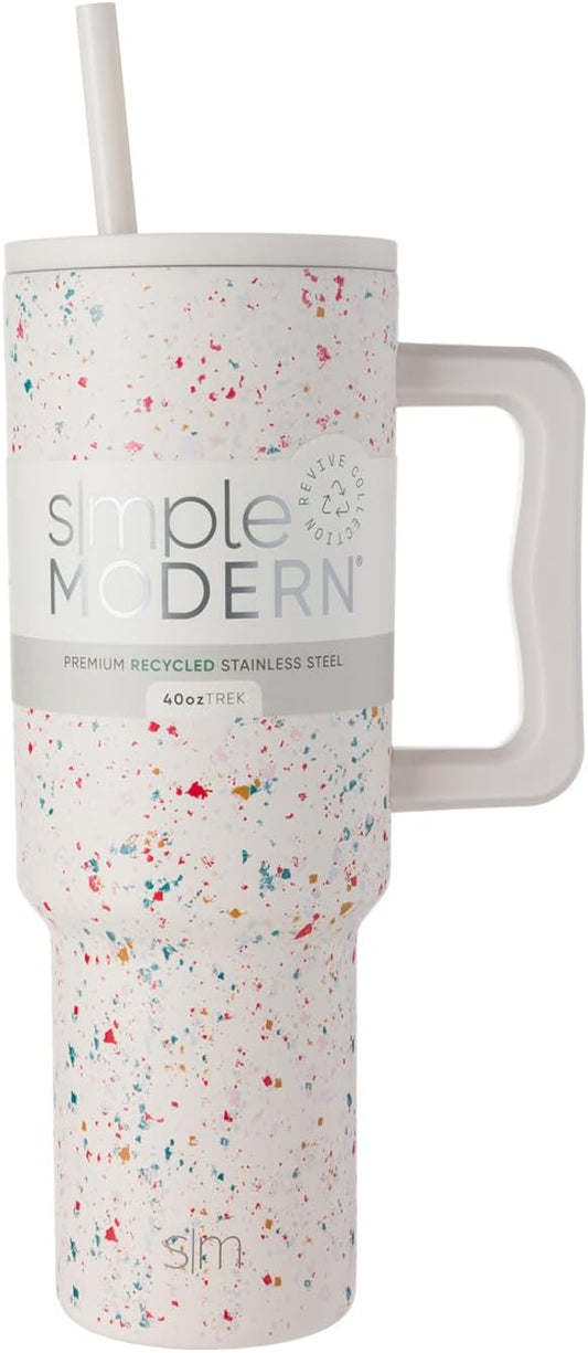 Simple Modern 40 oz Trek Tumbler with Handle and Straw Lid | Cup Holder Friendly Insulated Stainless Steel Travel Mug | Cream Terrazzo