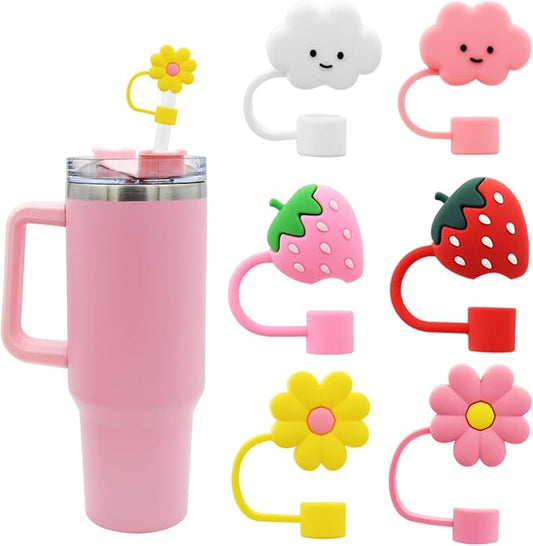 Stanley Cup Silicone Straw Topper - Compatible with 30 & 40 Oz Tumbler, Straw Tip Covers (6pcs Strawberry Cloud Flower)