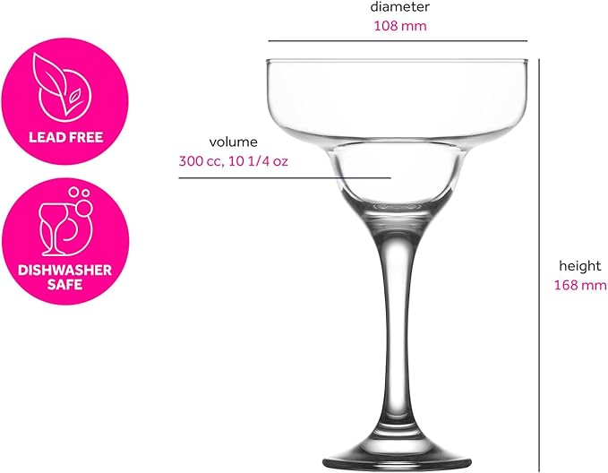 LAV Lead-Free Glass - Colorful Margarita Glasses Set of 6-10.25 oz - Assorted Colors Drinkware, Frozen Daiquiri, Paloma, Cocktails, Cosmopolitan, Dessert, Drinks, Mocktails - Housewarming Gifts