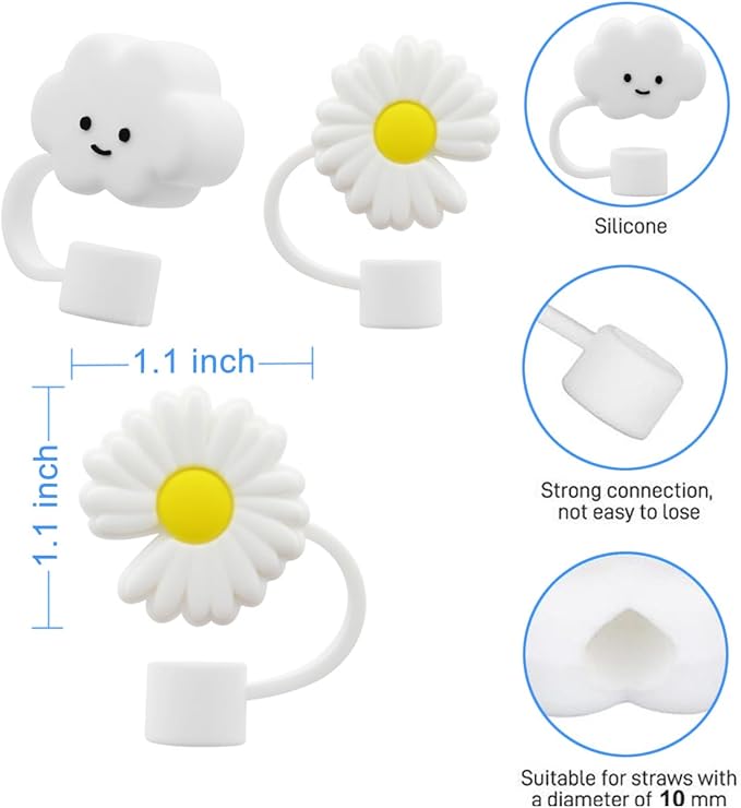 Flower Straw Cover Cap for Stanley Cup Silicone Straw Topper Compatible with 30&40 Oz Tumbler with Handle,Straw Tip Covers 10mm 0.4in for Straw Tip Covers (8Pcs Straw Cover)