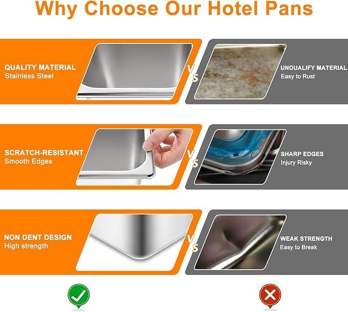 4 Pack hotel pans with lids 1/3 Size x 6 Inch Deep stainless steel steam table pan Commercial Gauge restaurant supplies Anti Rust metal food containers Catering storage for Party, Buffet, Home