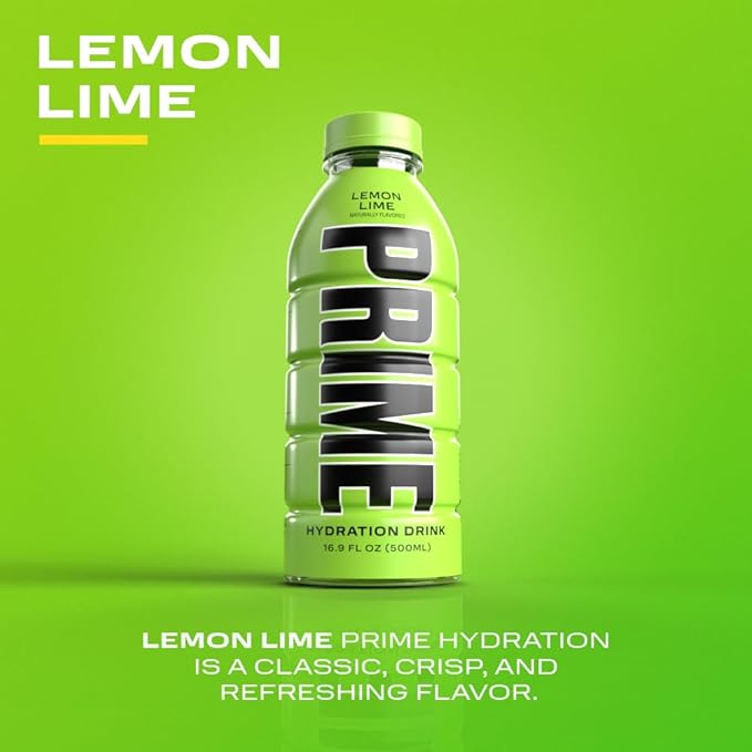 PRIME Hydration LEMON LIME, Sports Drinks, Electrolyte Enhanced for Replenishing Fluids, 250mg BCAAs, B Vitamins, Antioxidants, Low Sugar, 16.9 Fl Oz, 12 Pack