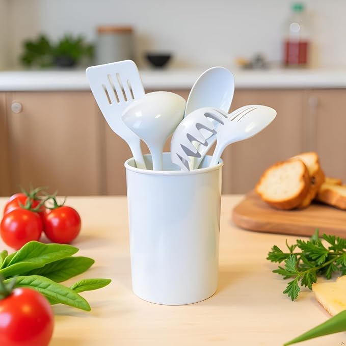 Reston Lloyd 6 Piece Kitchen Utensil Holder for Kitchen Counter, Utensils Crock with Heat Resistant Spoon, Slotted Spoon, Ladle, Spatula BPA Free, White