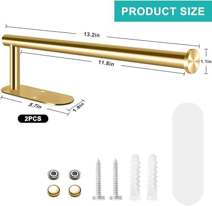 MGahyi Paper Towel Holder Wall Mount, Self Adhesive Or Drilling Under Cabinet Kitchen, 13.2 inch Stainless Steel Paper Towel Roll Rack, Towel Roll Hanger for Bathroom(Gold, Rectangle)